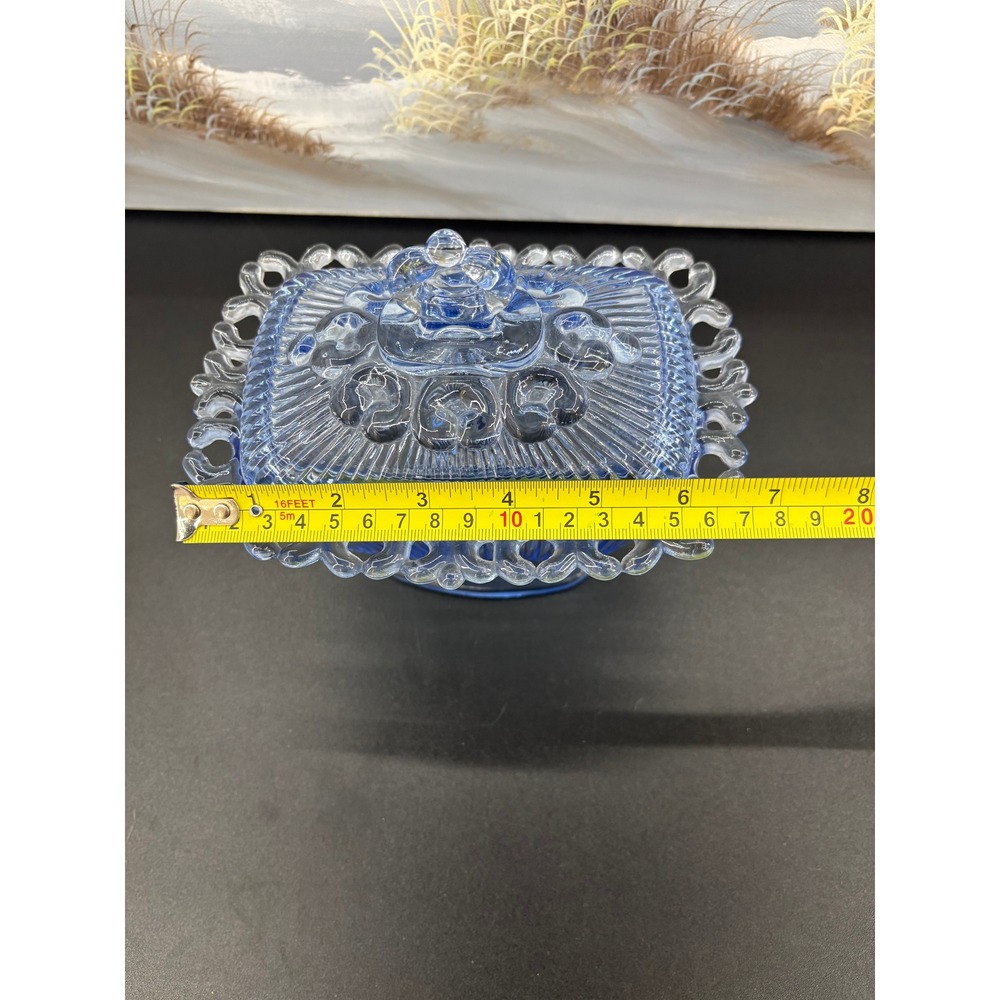 Vintage Indiana Glass Candy Dish & Lid Footed Pedestal Blue Ribbed Lace Edge - Picture 9 of 10